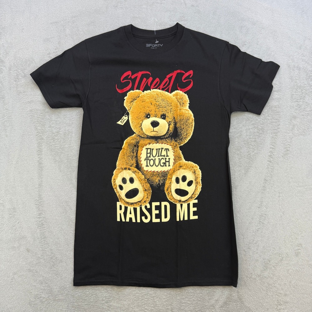 3Forty Inc Graphic T Shirt Mens Small Black Streets Raised Me Built Tough Bear